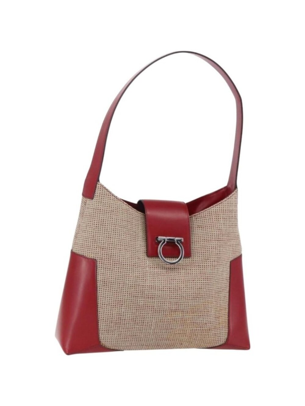 Salvatore Ferragamo Gancini Shoulder Bag Canvas Beige Silver